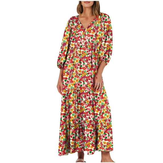 Fnooota Casaul Dresses for Women, Party Maxi 3/4 Sleeve Printed V Neck Long Dresses Multicolor Size M