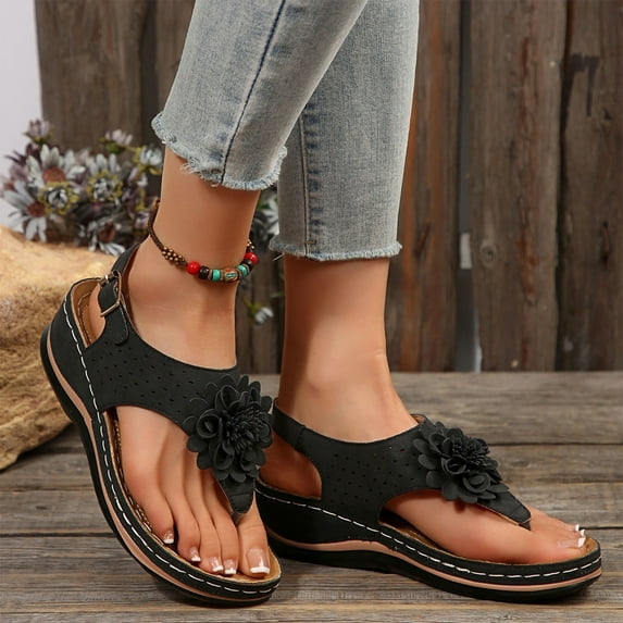 Fnooota Comfort Sandals for Women, Open Toe Wide Width Ankle Strap Non-slip Summer Shoes Black Size 6