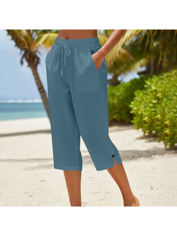 Cotton Linen Capri Pants for Women, Casual Summer Elastic Waist Relaxed Fit Womens Capris Blue Size L