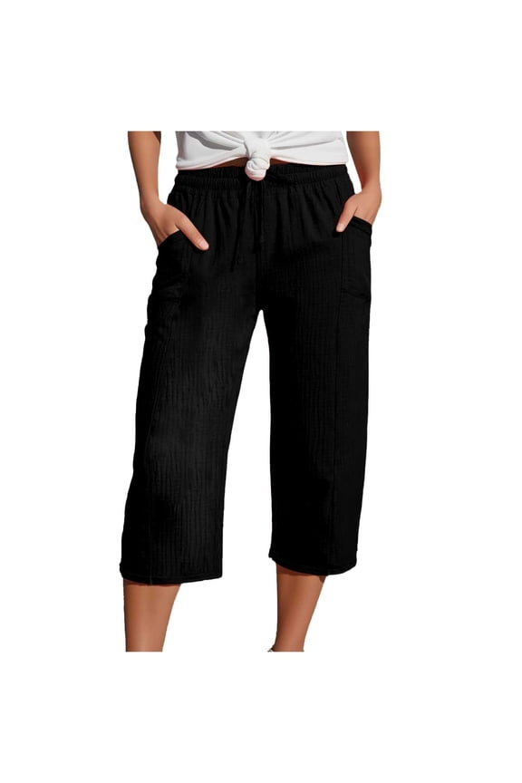 Cotton Linen Capri Pants for Women, Summer Casual Relaxed Fit Drawstring Womens Capris Black Size 2XL