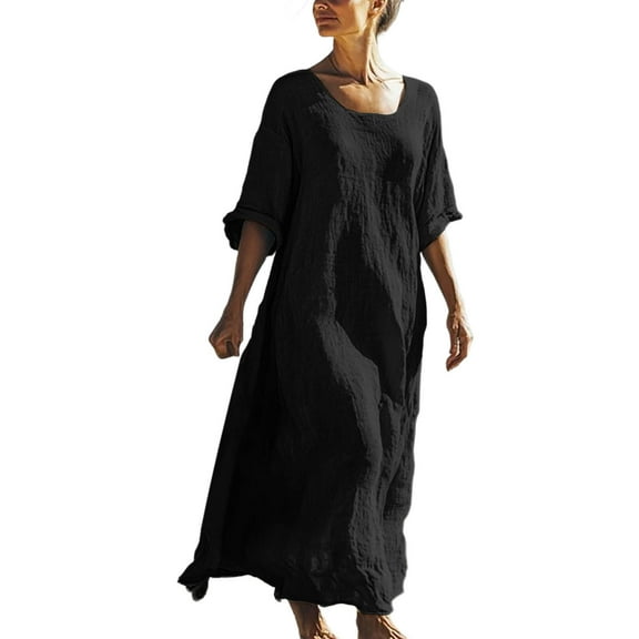 Fnooota Cotton Linen Maxi Dresses for Women, Loose Fit Short Sleeve Vacation Casual Dresses Summer Dresses Black Size M