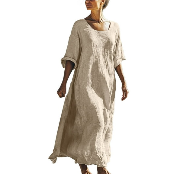 Fnooota Cotton Linen Maxi Dresses for Women, Loose Fit Short Sleeve Vacation Casual Dresses Summer Dresses Khaki Size S-2XL