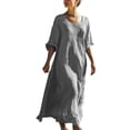 thumbnail image 1 of Fnooota Cotton Linen Maxi Dresses for Women, Short Sleeve Vacation Loose Fit Casual Dresses Summer Dresses Gray Size S, 1 of 5