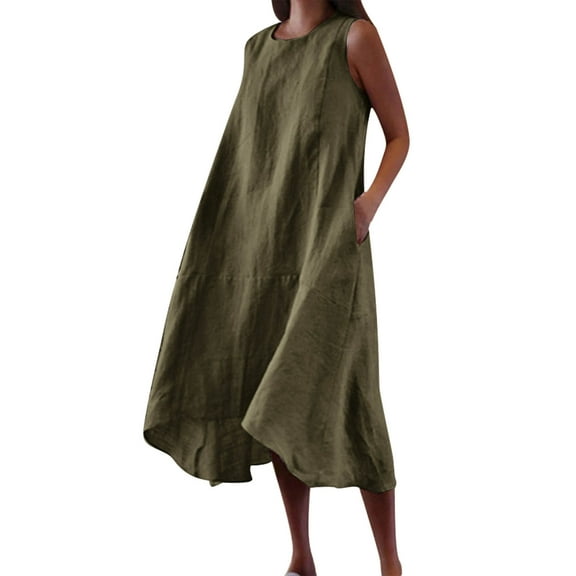Fnooota Cotton Linen Maxi Dresses for Women, Vacation Sleeveless Loose Fit Casual Dresses Summer Dresses Green Size M