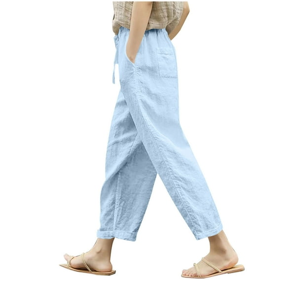 Fnooota Cotton Linen Pants for Women, Drawstring Casual Summer Straight Leg Women's Trousers Light Blue Size S