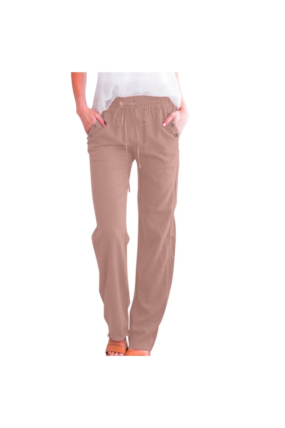 Cotton Linen Pants for Women, Drawstring Relaxed Fit Straight Leg Casual Pants wirh Pockets Rose Gold Size 2XL