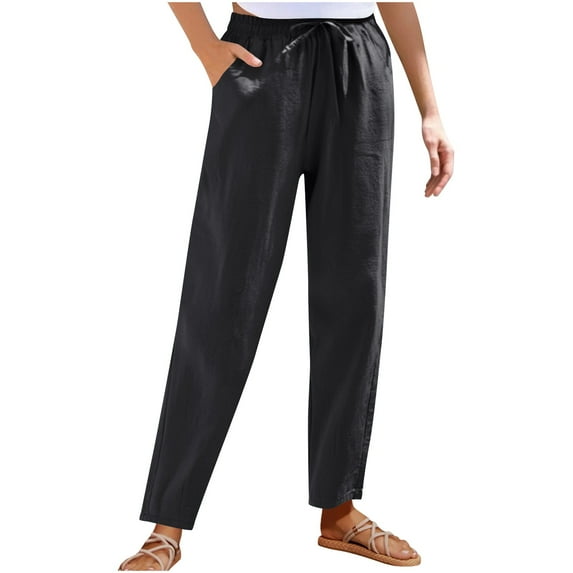 Fnooota Cotton Linen Pants for Women, Loose Drawstring Elastic Waist Work Pants wirh Pockets Black Size M