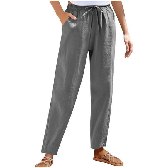 Fnooota Cotton Linen Pants for Women, Work Loose Elastic Waist Drawstring Pants wirh Pockets Dark Gray Size XL