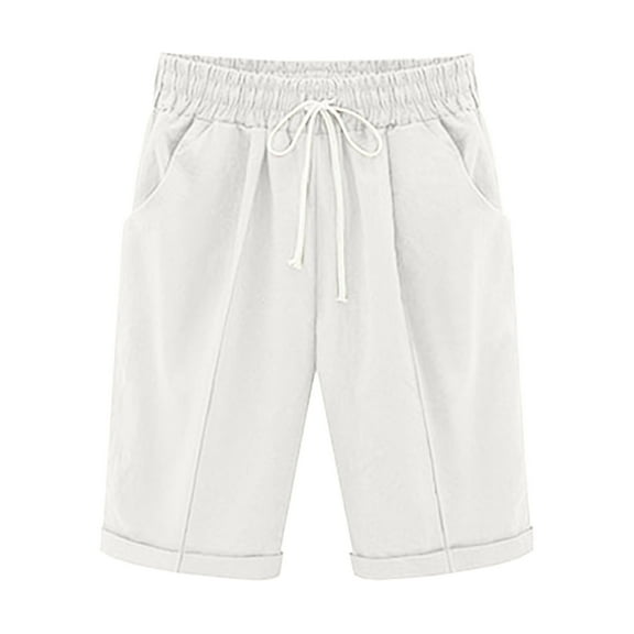 Fnooota Cotton Linen Shorts for Women, Knee Length Drawstring Work Summer Casual Shorts White Size M