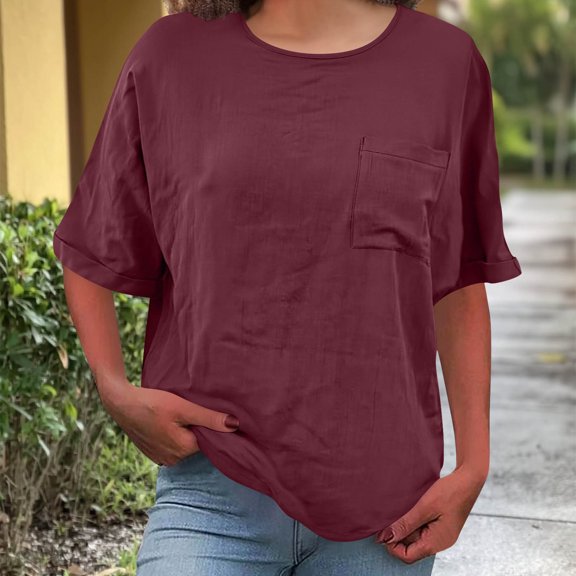 Fnooota Cotton Linen T-shirts for Women, Casual Side Slit Crew Neck Summer Womens Tops Wine Size 2XL