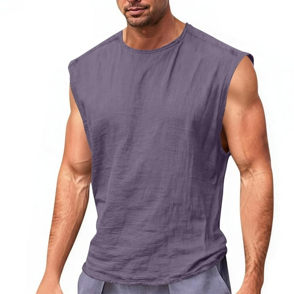 Fnooota Cotton Linen Tank Tops for Men, Sleeveless Crew Neck Lightweight Vacation Summer T-shirts Purple Size S