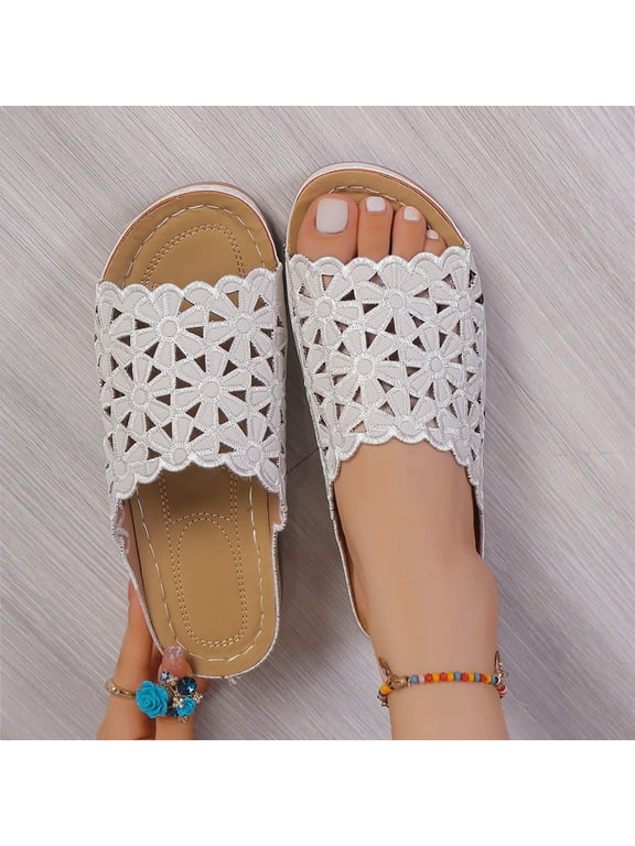 Flat Sandals for Women, Beach Open Toe Platform Slip On Summer Shoes Sandals Silver Size 8.5