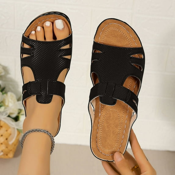 Fnooota Flat Sandals for Women, Platform Open Toe Slip On Summer Shoes Sandals Black Size 7