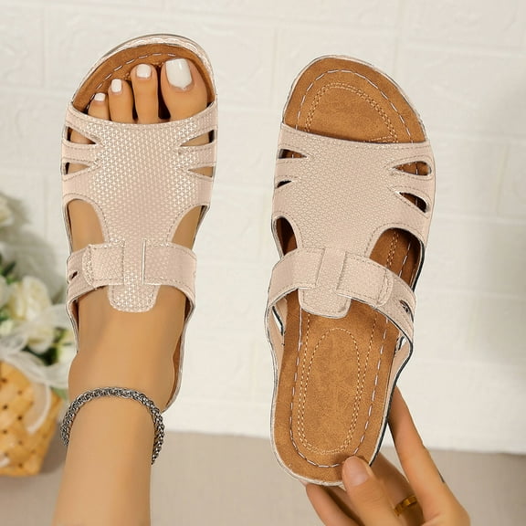 Fnooota Flat Sandals for Women, Slip On Platform Open Toe Summer Shoes Sandals Beige Size 5.5