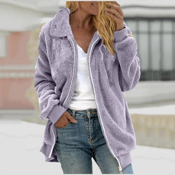 Fnooota Fleece Jacket for Women, Lightweight Casual Warm Full Zip Fall Winter Coats Purple Size S