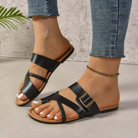 Fnooota Flip Flops for Women, Summer Holiday Slip On Open Toe Flat Sandals Black Size 9.5