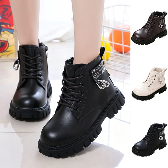 Mooqilaa Girls Ankle Boots, Outdoor Side Zip Non-Slip Round Toe Lace Up Boots Black Size 3 Big Kids
