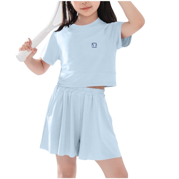 Fnooota Girls Athletic Outfit Sets, Short Sleeve 2 Piece Summer Running Activewear Clothing Sets Blue Size 14-16
