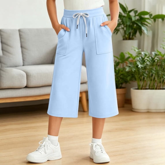 Mooqilaa Girls Capri Pants, Elastic Waist Adjustable Waist Casual Relaxed Fit Kids Capris Blue Size 6