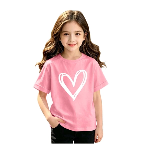 Mooqilaa Girls Cotton T-shirts Size 6, Short Sleeve Crew Neck School Kids Graphic Tees Summer Tops Pink