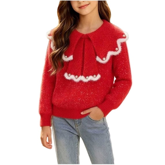 Fnooota Girls Crew Neck Sweaters, Casual Knitted Pullover Long Sleeve Winter Tops Red Size 9-10 T