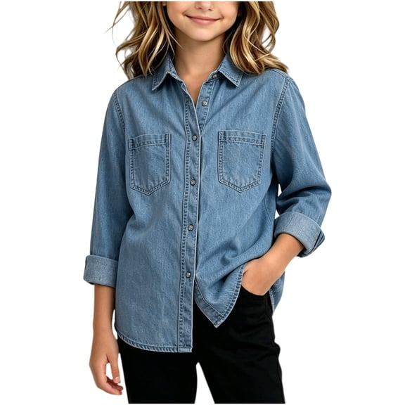 Fnooota Girls Denim Shirts Size 10-12, Long Sleeve Collared Casual Spring Fall Button Down Shirts Blue