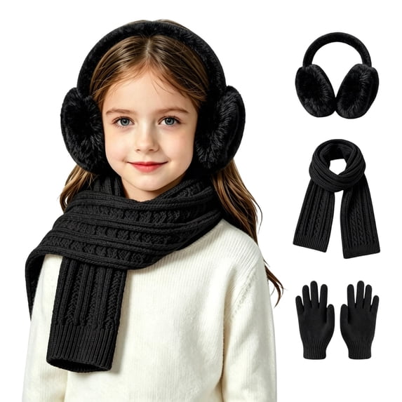Mooqilaa Girls Earmuffs,Scarves and Gloves Sets, Knitted 3 Piece Winter Warm Cold Weather Accessories Black Size 3-12 T