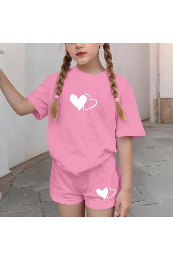 Girls Graphic Outfit Sets, Crew Neck Casual Summer Short Sleeve Kids Clothing Set Pink Size 5-6T