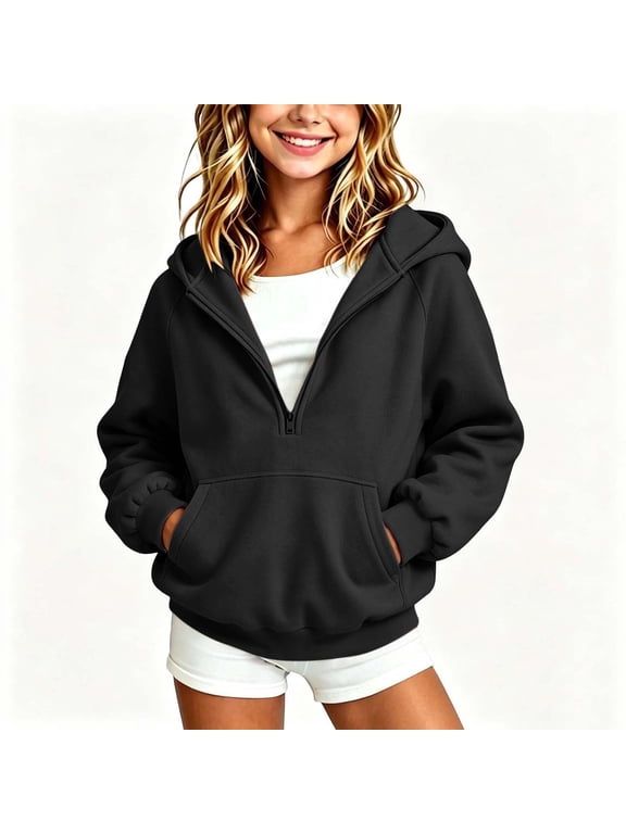 Girls Hoodies with Zipper, Casual Lightweight Long Sleeve Pullover Hooded Sweatshirts Black Size 9-10 T