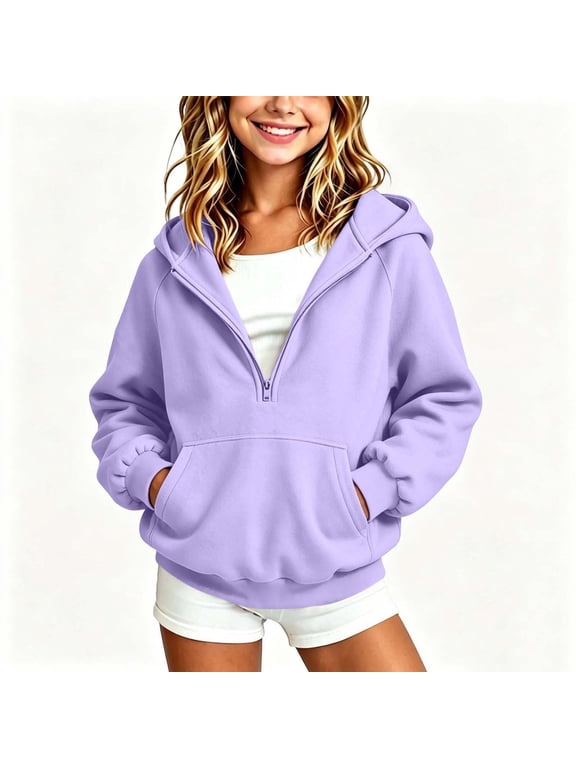Girls Hoodies with Zipper, Long Sleeve Casual Pullover Lightweight Hooded Sweatshirts Purple Size 7-8 T