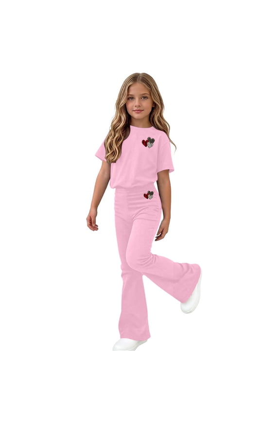 Girls Outfit Sets Short Sleeve, 2 Piece Fashion Summer Girls Clothing Sets Pink Size 10-12