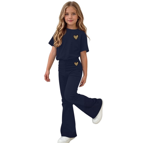 Mooqilaa Girls Outfit Sets Short Sleeve, 2 Piece Printed Summer Girls Clothing Sets Navy Size 5-6 T