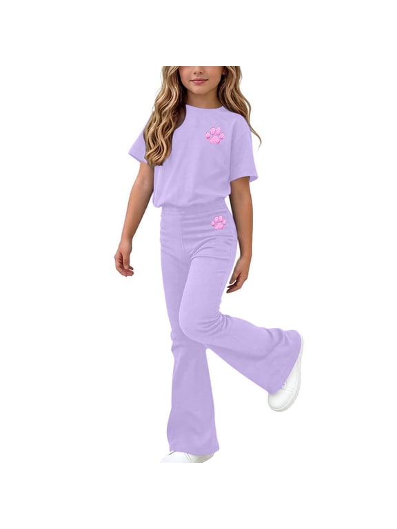 Girls Outfit Sets Short Sleeve, 2 Piece School Summer Girls Clothing Sets Purple Size 6