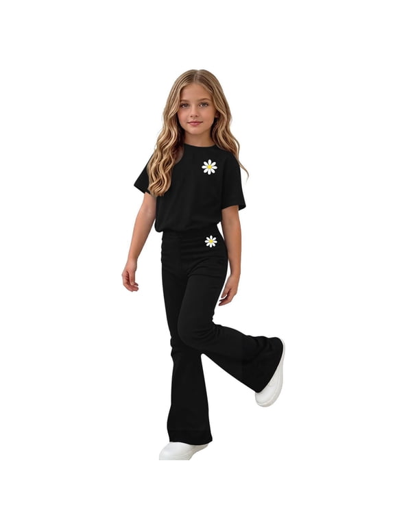 Girls Outfit Sets Short Sleeve, 2 Piece Summer Casual Girls Clothing Sets Black Size 8