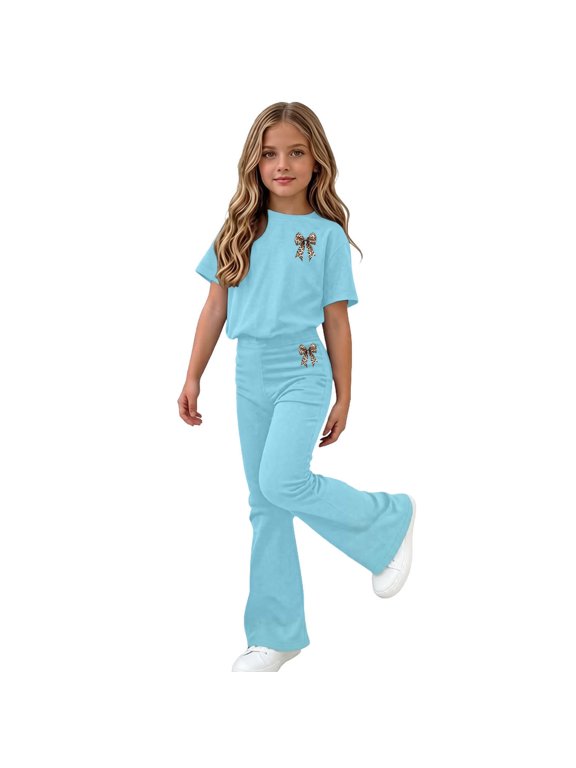 Girls Outfit Sets Short Sleeve, Graphic Summer 2 Piece Girls Clothing Sets Light Blue Size 14-15 T