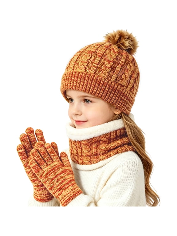 Girls Pom Pom Beanie Hats, Neck Gaiter & Full Finger Gloves Sets, Warm Knitted Winter 3 Piece Cold Weather Accessories Yellow Size 2-10 T