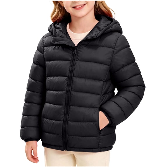 Fnooota Girls Puffer Jackets, Casual Hooded Warm Long Sleeve Kids Winter Outerwear Black Size 5-6T