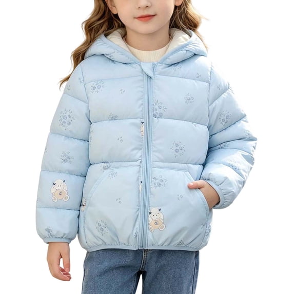 Fnooota Girls Puffer Jackets Size 5 T, Zipper Warm Long Sleeve Fashion Winter Outerwear with Pockets Light Blue