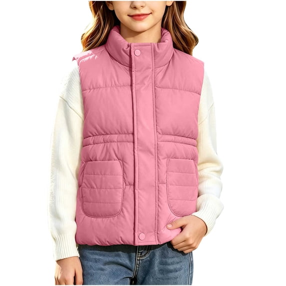 Fnooota Girls Puffer Vests Size 7-8 T, Sleeveless Stand-up Collar Warm Lightweight Kids Outerwear Vests Pink