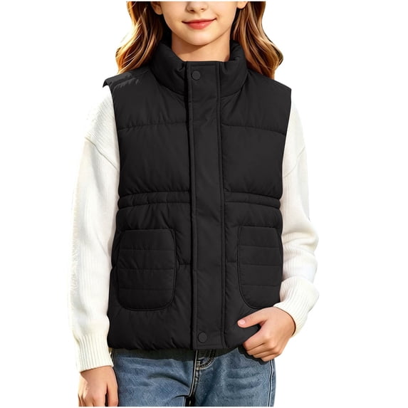 Fnooota Girls Puffer Vests, Stand-up Collar Warm Sleeveless Lightweight Kids Outerwear Vests Black Size 5-6 T