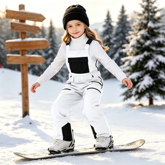 Mooqilaa Girls Snow Bib Pants, Fleece Lined Thermal Waterproof Adjustable Suspender Straps Ski Overalls with Pockets White Size 8-9 T