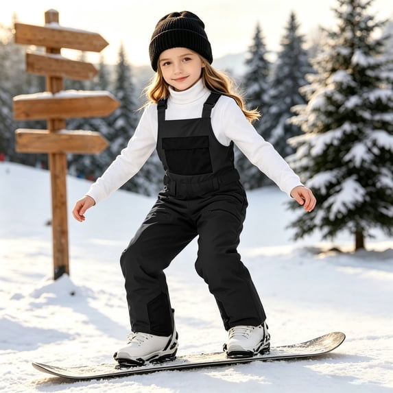 Mooqilaa Girls Snow Bib Pants Size 10-12, Thermal Adjustable Suspender Straps Waterproof Fleece Lined Ski Overalls with Pockets Black