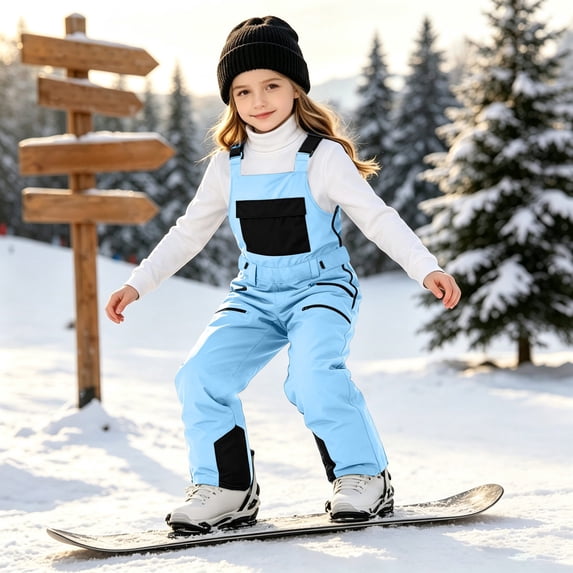 Mooqilaa Girls Snow Bib Pants, Thermal Adjustable Suspender Straps Fleece Lined Waterproof Ski Overalls with Pockets Blue Size 6-7 T