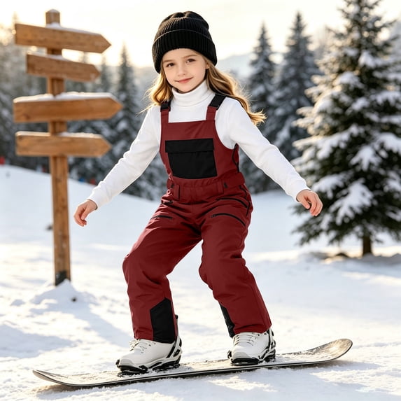 Mooqilaa Girls Snow Bib Pants, Thermal Waterproof Adjustable Suspender Straps Fleece Lined Ski Overalls with Pockets Wine Size 10-11 T