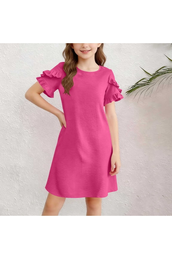Girls Summer Dresses, Party Loose Fit Mid-length Short Sleeve Casual Dresses Hot Pink Size 14-16