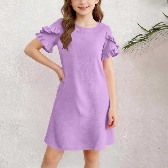 Fnooota Girls Summer Dresses, Short Sleeve Party Mid-length Loose Fit Casual Dresses Purple Size 12-13 T