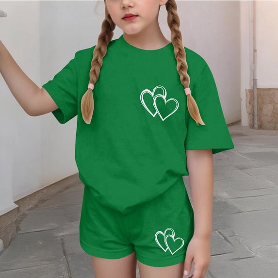 Fnooota Girls Summer Outfit Sets, Casual 2 Piece Summer Short Sleeve Kids Clothing Sets Green Size 14-16