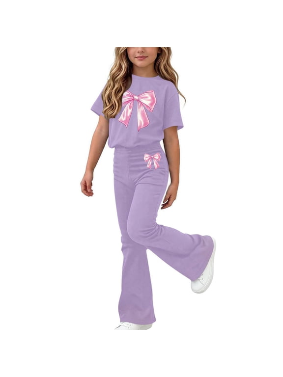 Girls Summer Outfit Sets, Casual Short Sleeve School Kids' Clothing Sets Girls' 2 Piece Sets Purple Size 6