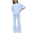 thumbnail image 1 of FSYBOA Girls Summer Outfit Sets, Casual Two Piece Short Sleeve T-shirts and Pants Sets Sky Blue Size 11-12T, 1 of 5