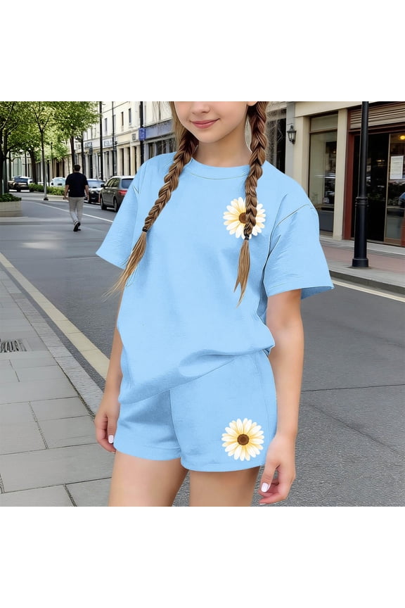 Girls Summer Outfit Sets, School Casual Short Sleeve Girls' 2 Piece Sets Kids' Clothing Sets Blue Size 3-4 T